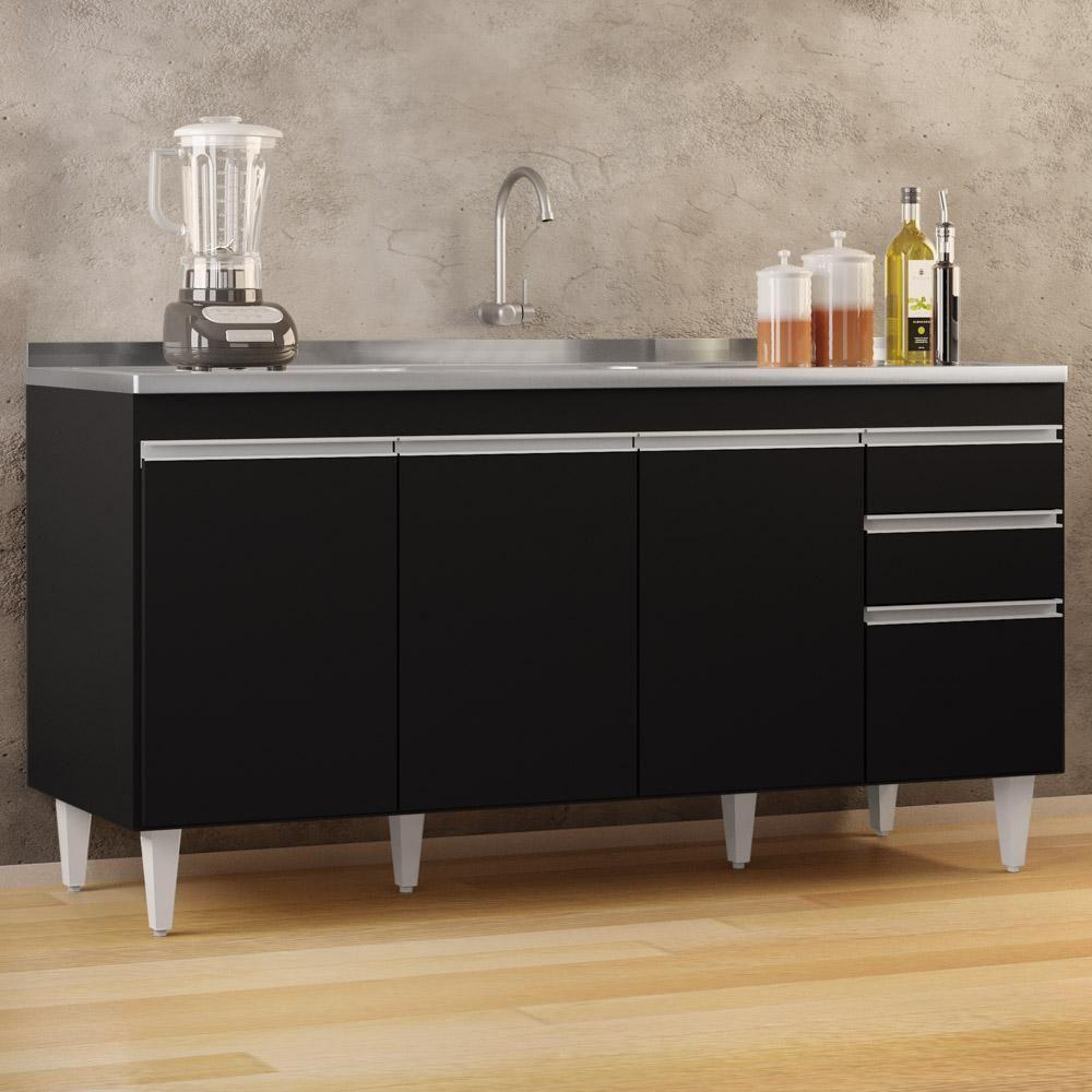 Balcão Gabinete Com Pia Inox 160cm Arkansas Preto - Lumil - 7