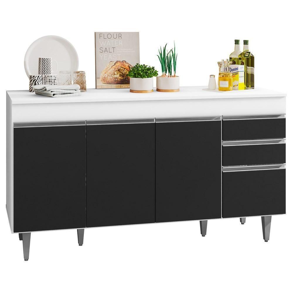 Balcão Gabinete Para Pia 150cm Com Tampo 4 Portas 2 Gavetas Marrocos Branco-preto - Lumil - 1