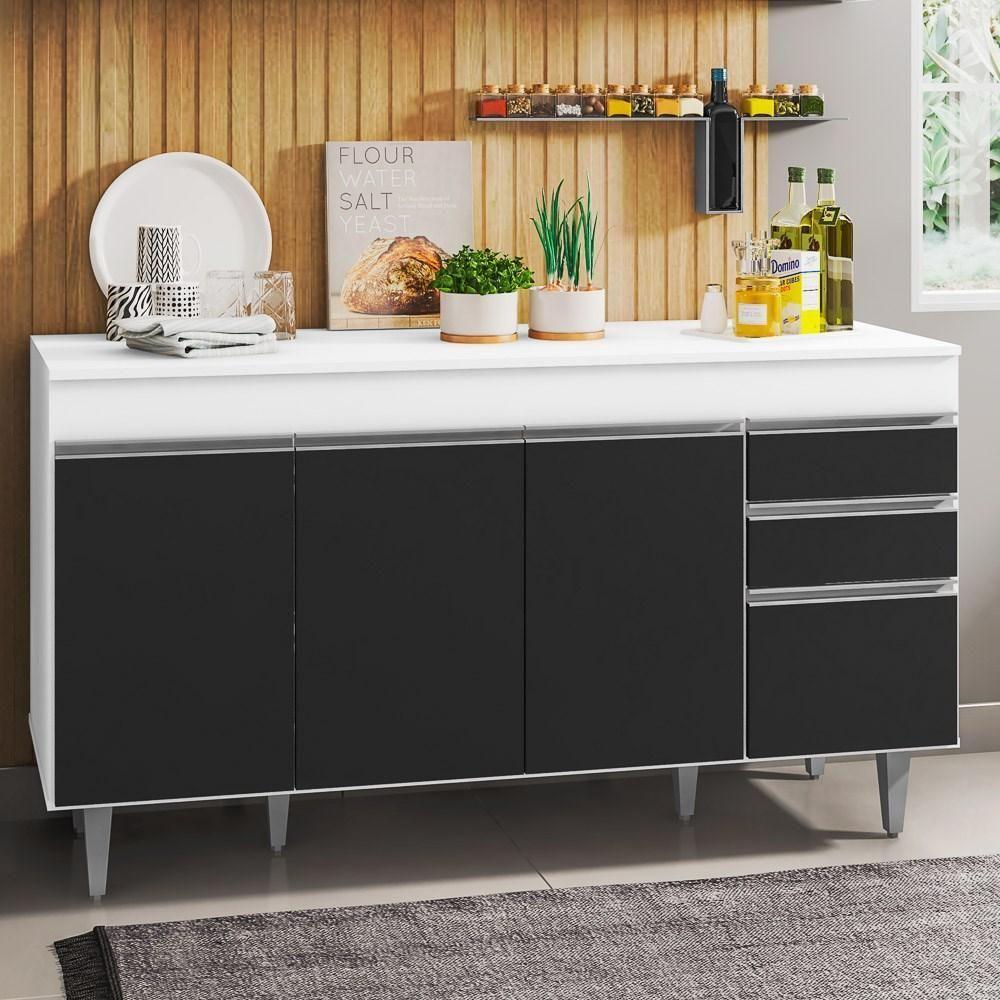 Balcão Gabinete Para Pia 150cm Com Tampo 4 Portas 2 Gavetas Marrocos Branco-preto - Lumil - 5