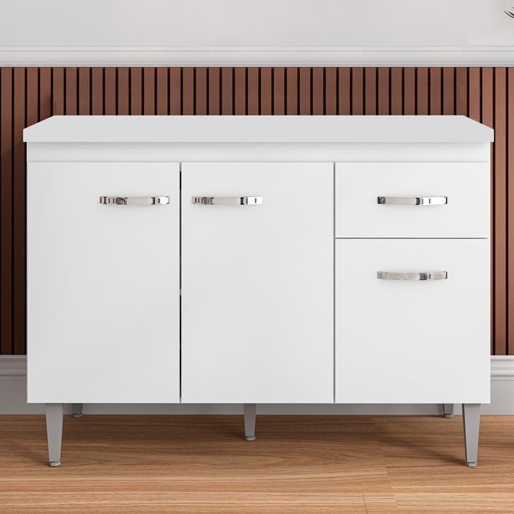 Balcão Gabinete Para Pia Com Tampo 120cm 3 Portas E 1 Gaveta Gabriela Branco - Ajl Móveis - 9