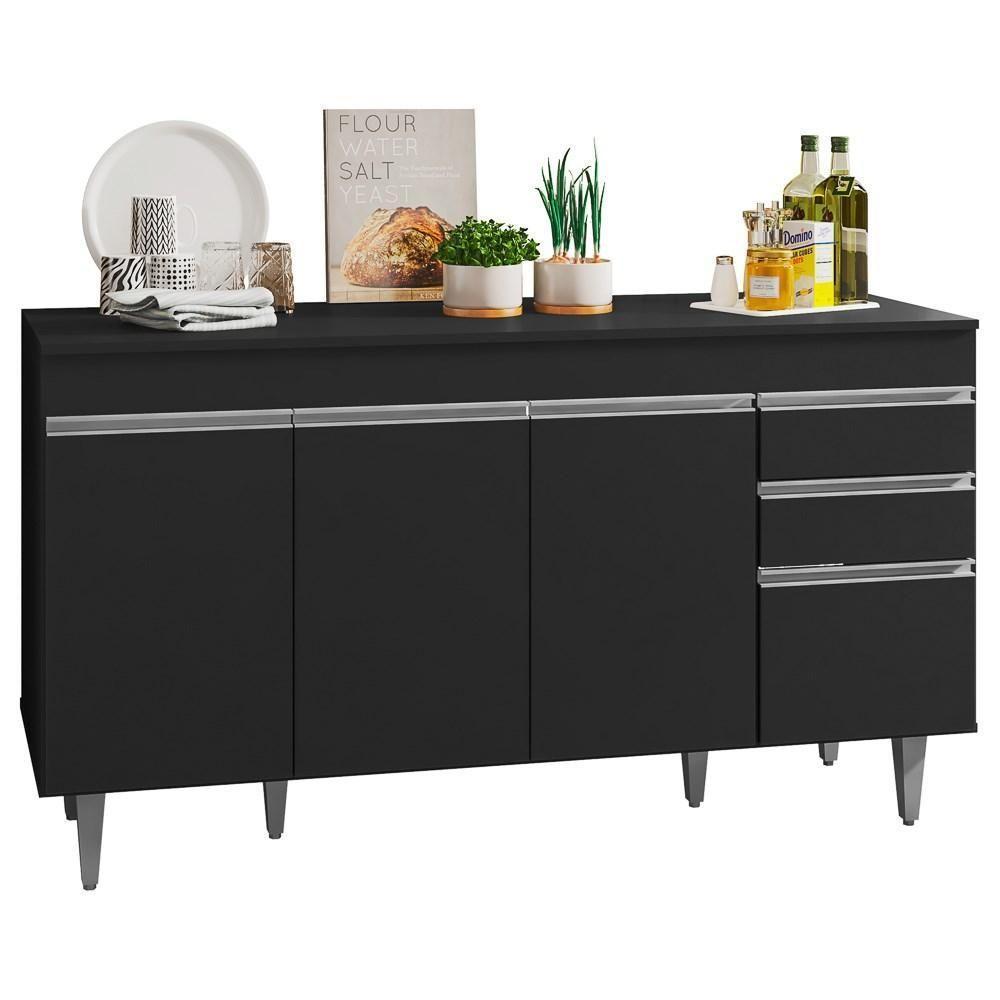 Balcão Gabinete Para Pia 150cm Com Tampo 4 Portas 2 Gavetas Marrocos Preto - Lumil - 1