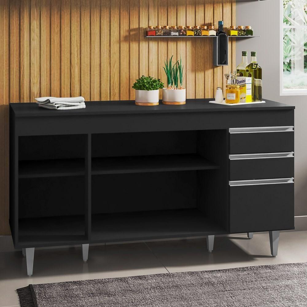 Balcão Gabinete Para Pia 150cm Com Tampo 4 Portas 2 Gavetas Marrocos Preto - Lumil - 4