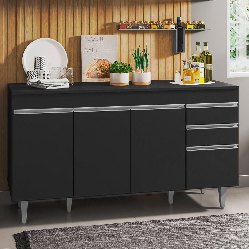 Balcão Gabinete Para Pia 150cm Com Tampo 4 Portas 2 Gavetas Marrocos Preto - Lumil - 5