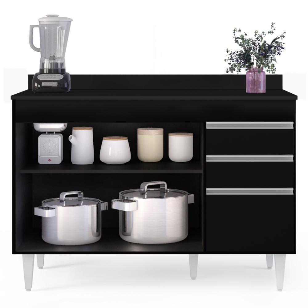 Balcão Gabinete Para Pia Com Tampo 120cm Michigan Preto - Lumil - 5