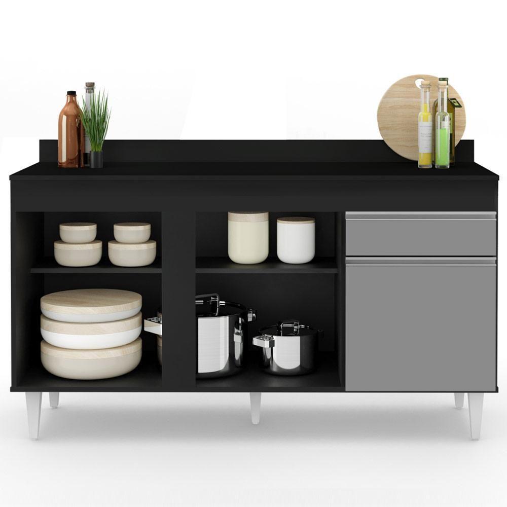 Balcão Gabinete Para Pia Com Tampo 150cm 3 Portas 1 Gaveta Dakota Preto-cinza - Lumil - 6