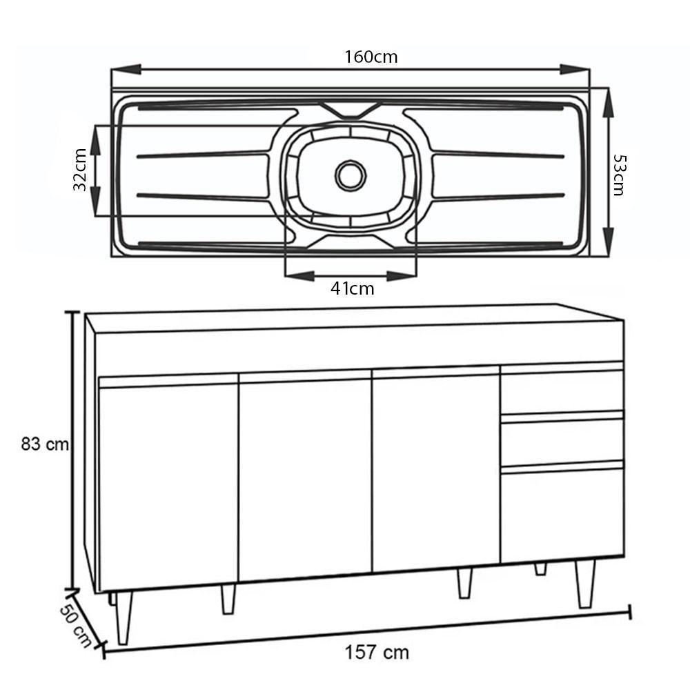 Balcão Gabinete Com Pia Inox 160cm Arkansas Branco - Lumil - 6