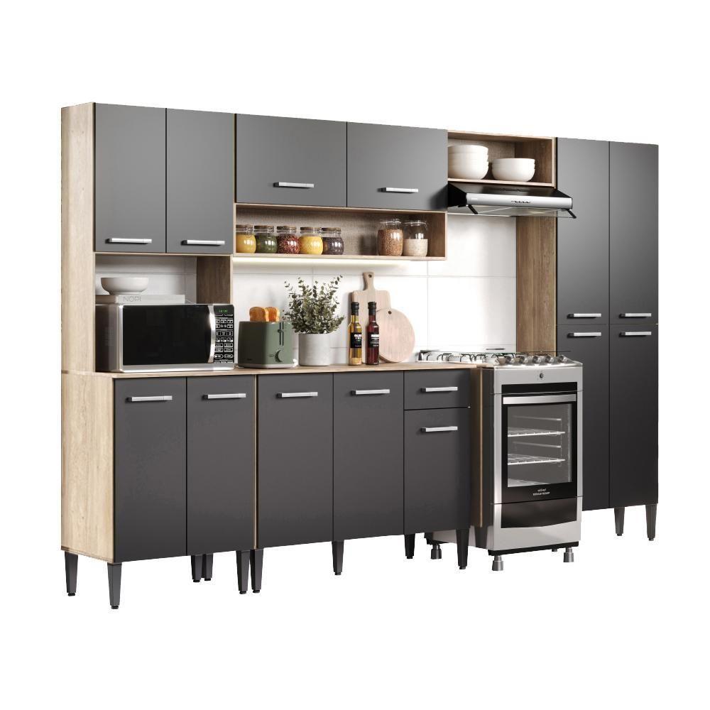 Cozinha Completa Arizona Plus Com Armário E Balcão Carraro - Carvalho/preto Carvalho/preto - 1