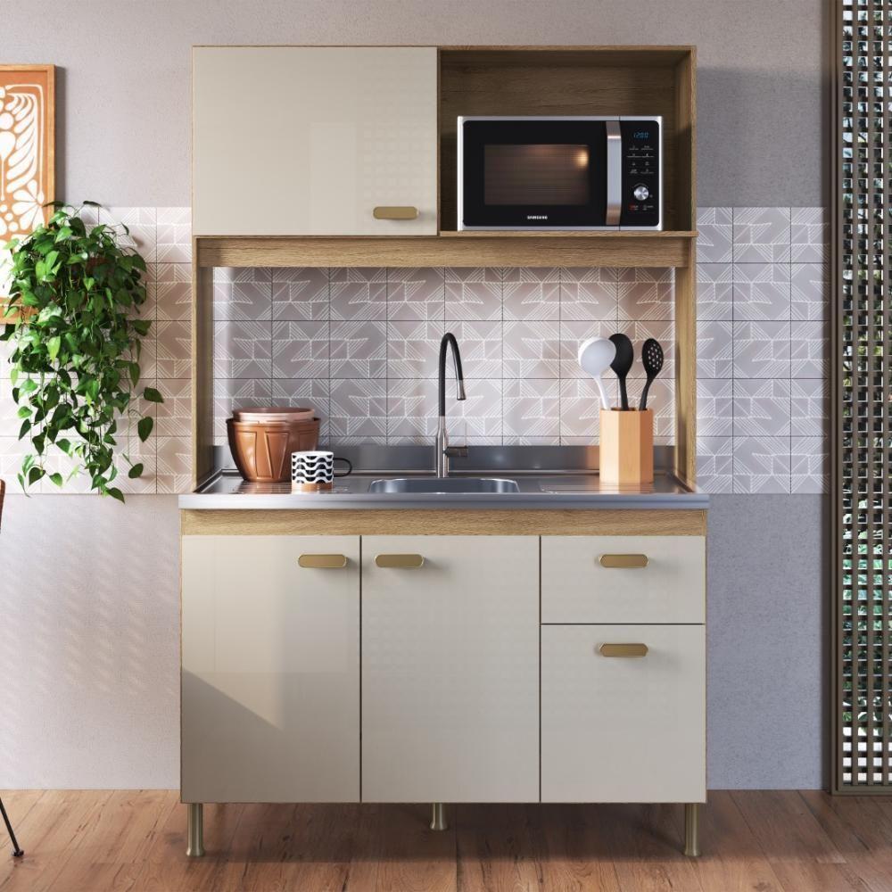 Armário De Cozinha Compacta Fidelitá Malta 122cm 4 Portas 1 Gaveta Sem Tampo E Fundo Castani/off-white - 1