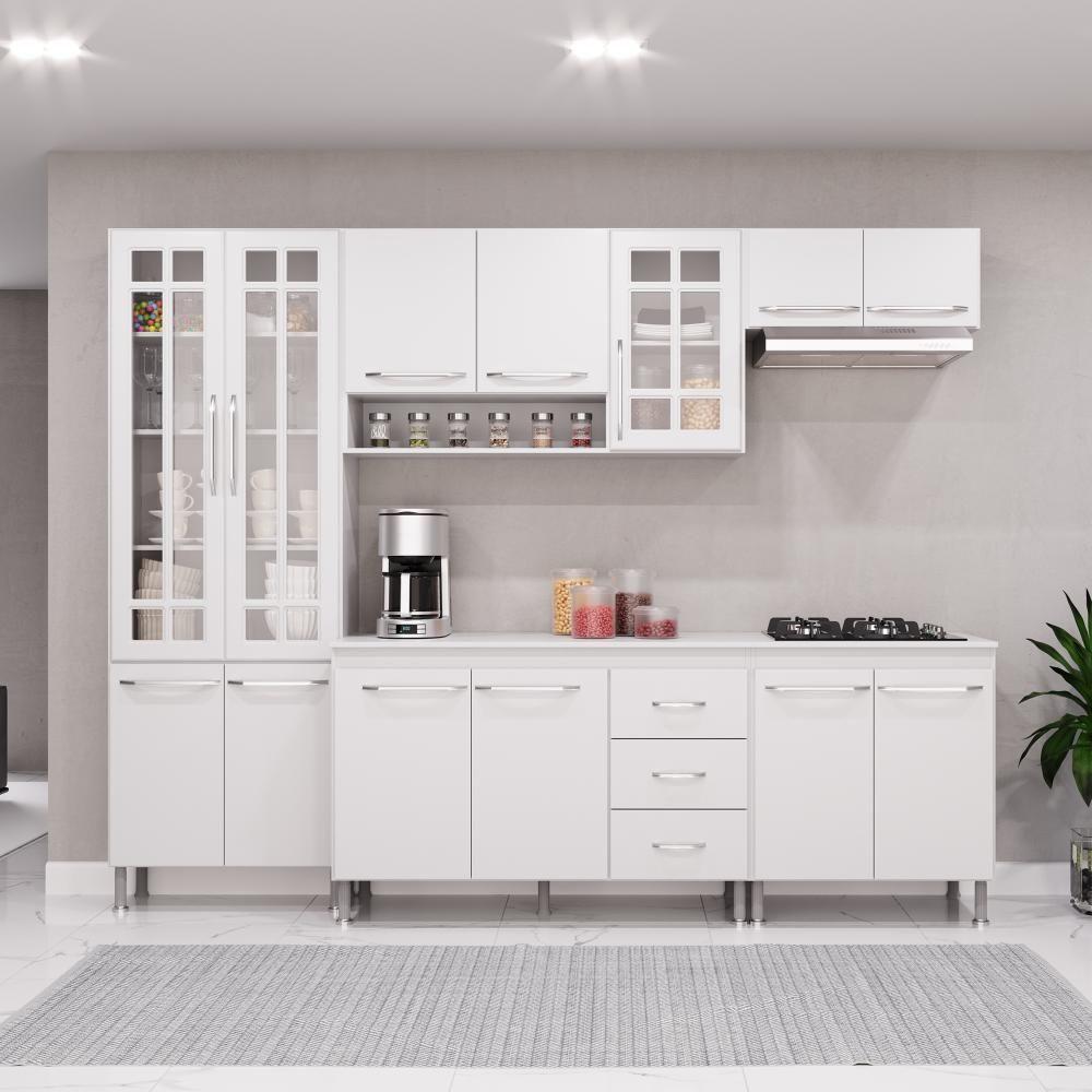 Cozinha Modulada Completa Fidelitá Viena 5 Peças 260cm 13 Portas 3 Gavetas Com Tampo Branco - 1