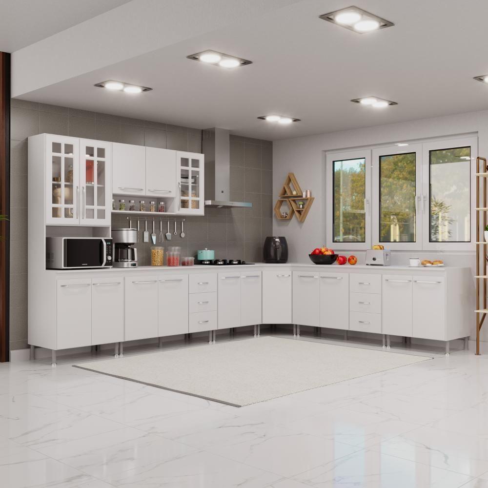Cozinha Modulada Completa Fidelitá Viena 7 Peças 600cm 16 Portas 6 Gavetas Com Tampo Branco - 1