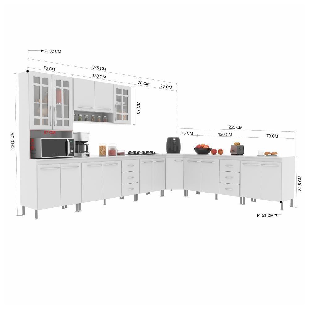 Cozinha Modulada Completa Fidelitá Viena 7 Peças 600cm 16 Portas 6 Gavetas Com Tampo Branco - 7