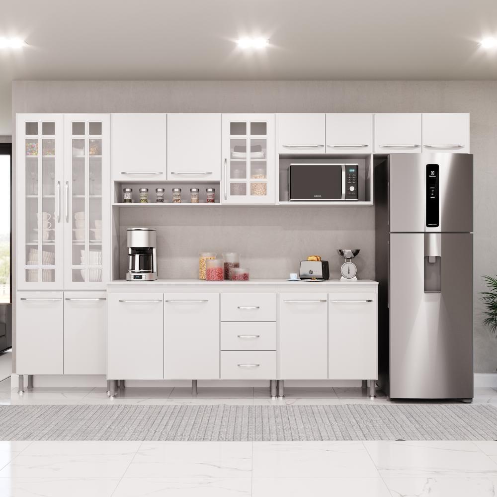 Cozinha Modulada Completa Fidelitá Viena 6 Peças 330cm 15 Portas 3 Gavetas Com Tampo Branco - 1