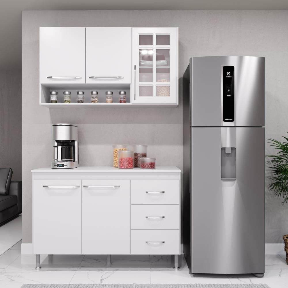 Cozinha Modulada Compacta Fidelitá Viena 2 Peças 120cm 5 Portas 3 Gavetas Com Tampo Branco - 1
