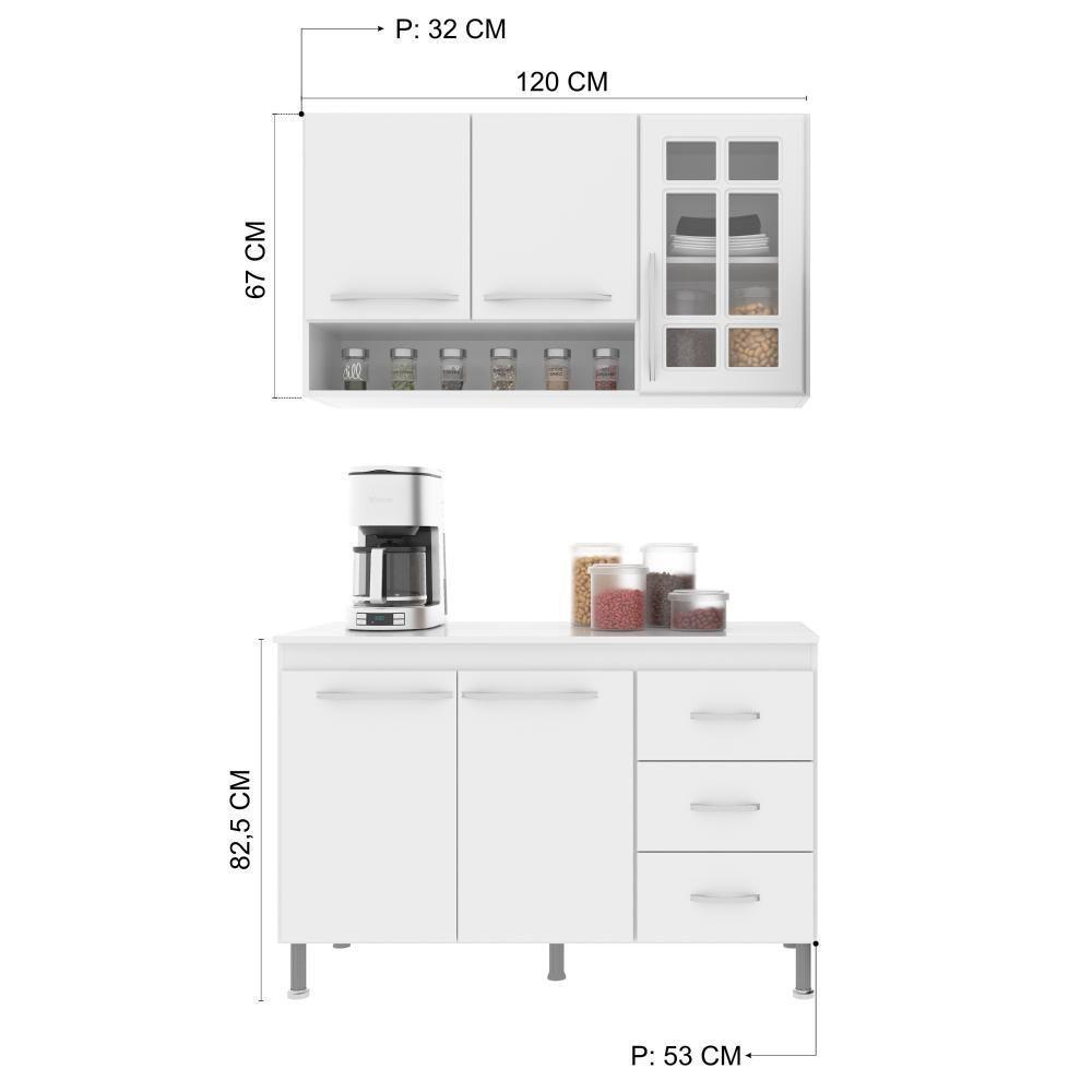Cozinha Modulada Compacta Fidelitá Viena 2 Peças 120cm 5 Portas 3 Gavetas Com Tampo Branco - 8