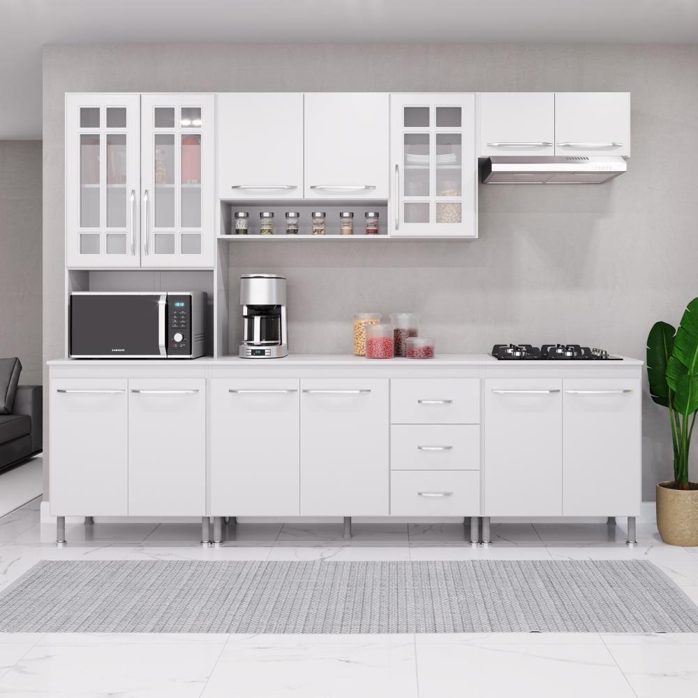 Cozinha Modulada Completa Fidelitá Viena 5 Peças 260cm 13 Portas 3 Gavetas Com Tampo Branco - 1