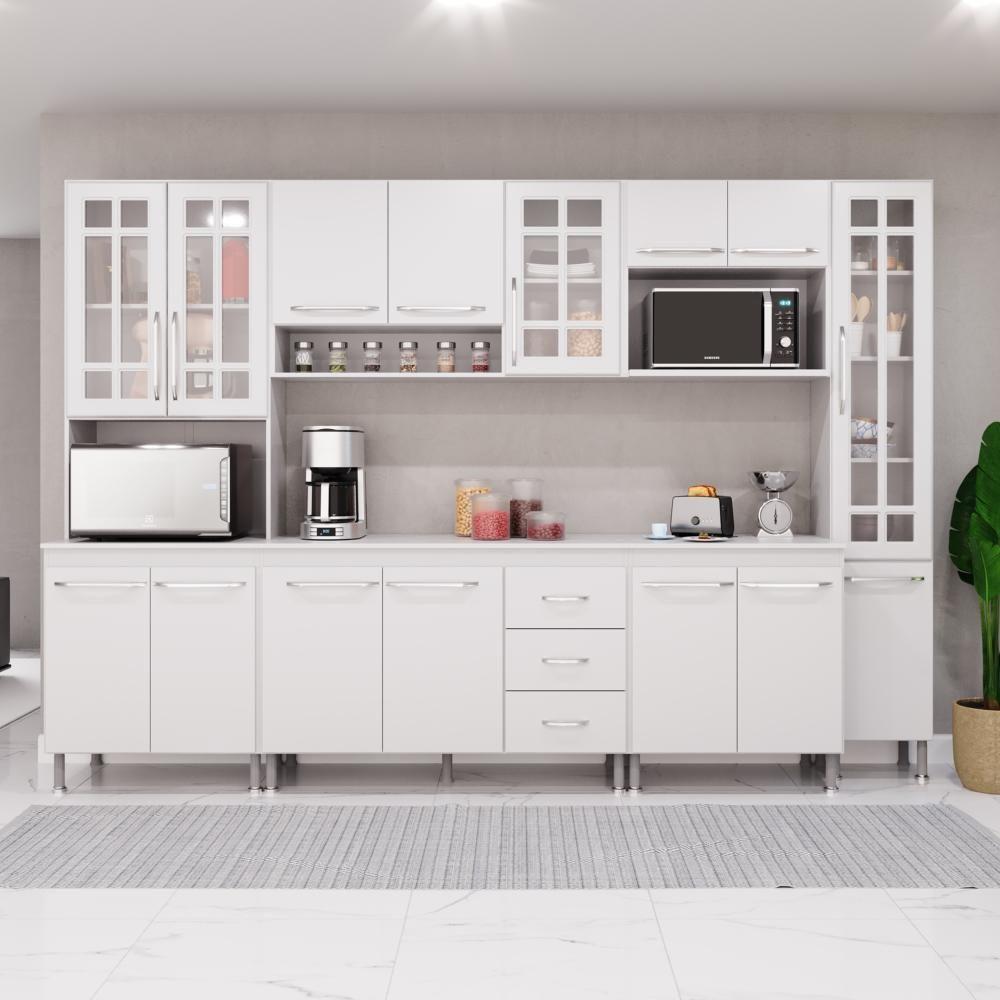 Cozinha Modulada Completa Fidelitá Viena 6 Peças 295cm 15 Portas 3 Gavetas Com Tampo Branco - 1