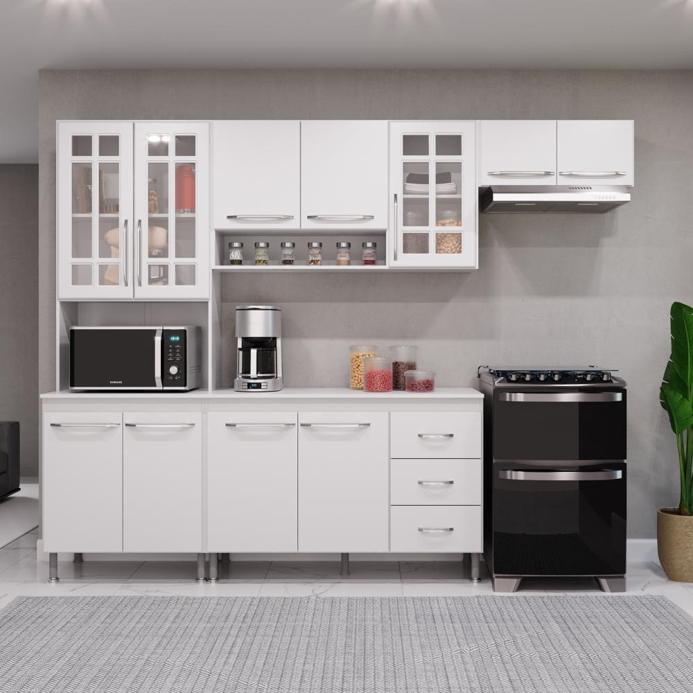 Cozinha Modulada Compacta Fidelitá Viena 4 Peças 260cm 11 Portas 3 Gavetas Com Tampo Branco - 1