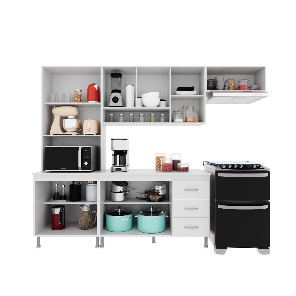 Cozinha Modulada Compacta Fidelitá Viena 4 Peças 260cm 11 Portas 3 Gavetas Com Tampo Branco - 7