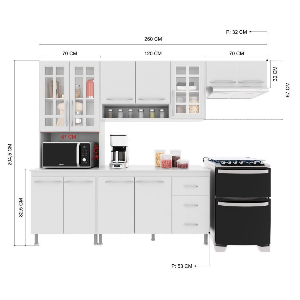 Cozinha Modulada Compacta Fidelitá Viena 4 Peças 260cm 11 Portas 3 Gavetas Com Tampo Branco - 8
