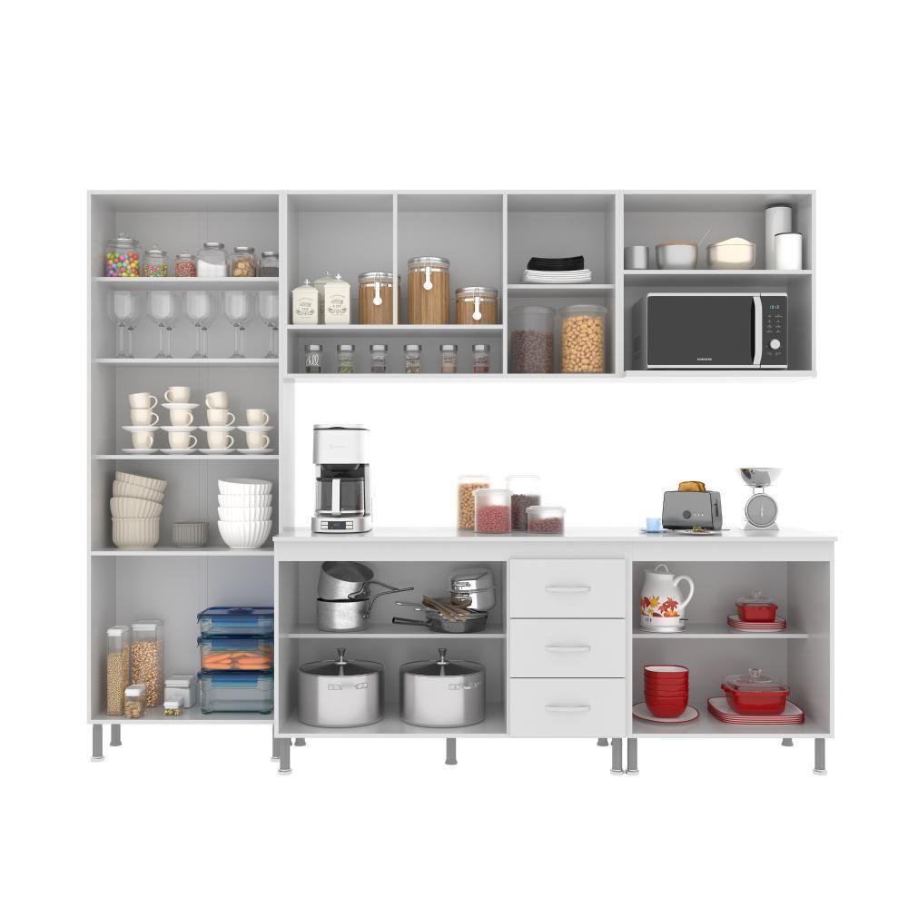 Cozinha Modulada Completa Fidelitá Viena 5 Peças 260cm 13 Portas 3 Gavetas Com Tampo Branco - 7