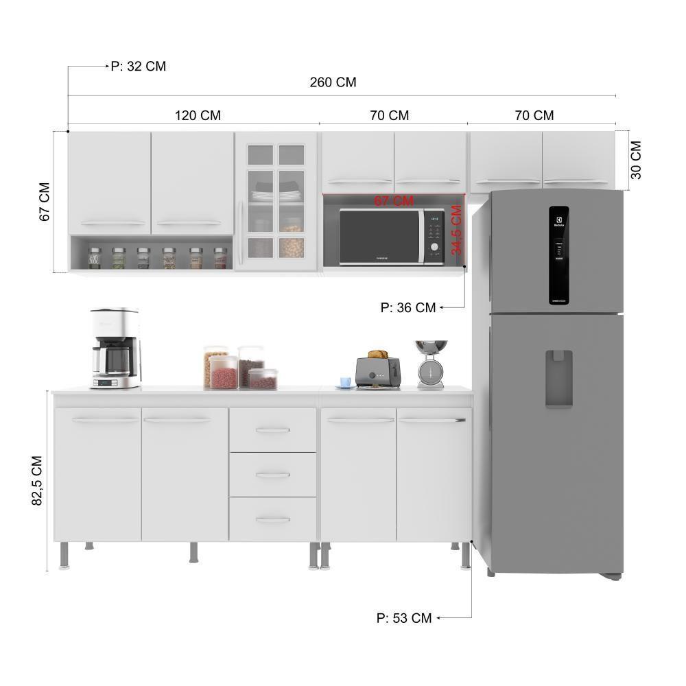 Cozinha Modulada Completa Fidelitá Viena 5 Peças 260cm 11 Portas 3 Gavetas Com Tampo Branco - 7