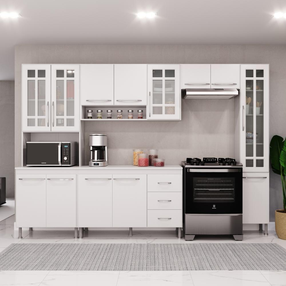 Cozinha Modulada Completa Fidelitá Viena 5 Peças 295cm 12 Portas 3 Gavetas Com Tampo Branco - 1