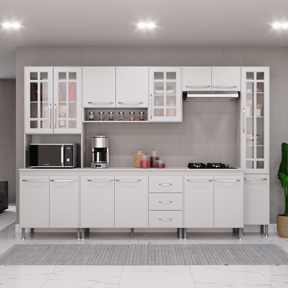 Cozinha Modulada Completa Fidelitá Viena 6 Peças 295cm 15 Portas 3 Gavetas Com Tampo Branco - 1