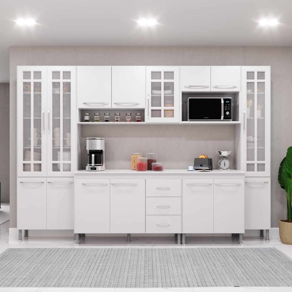Cozinha Modulada Completa Fidelitá Viena 6 Peças 295cm 15 Portas 3 Gavetas Com Tampo Branco - 1