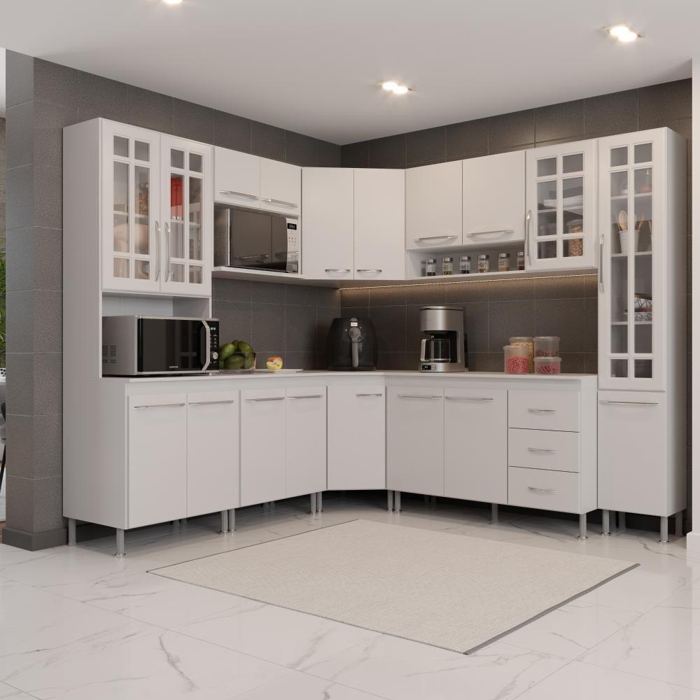 Cozinha Modulada Completa Fidelitá Viena 8 Peças 445cm 18 Portas 3 Gavetas Com Tampo Branco - 1
