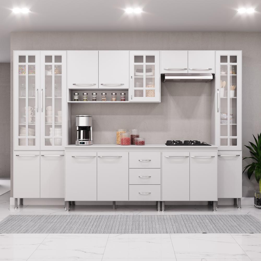 Cozinha Modulada Completa Fidelitá Viena 6 Peças 295cm 15 Portas 3 Gavetas Com Tampo Branco - 1