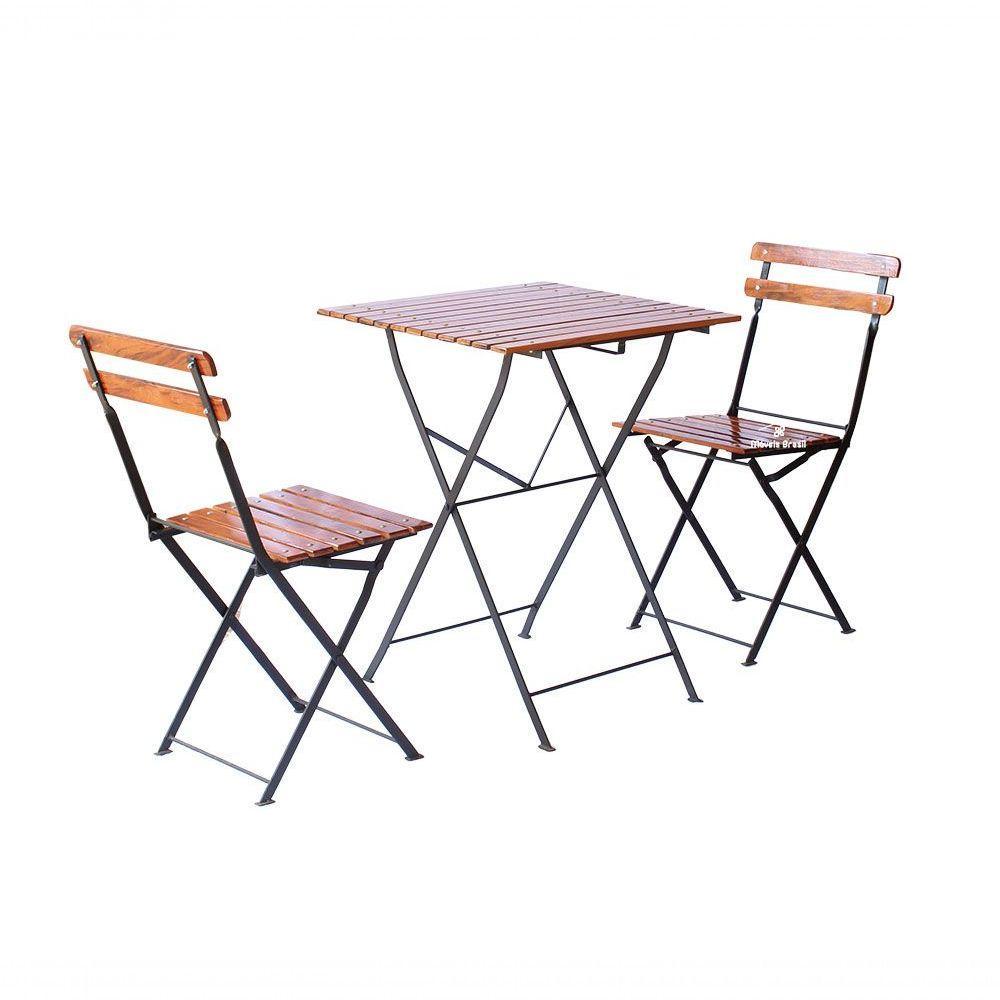 Conjunto Mesa Dobrável 60x60cm Com 2 Cadeiras Ferro E Madeira Maciça Envernizada Natural - 1