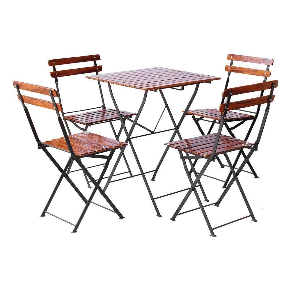 Conjunto Mesa Dobrável 60x60 Cm Com 4 Cadeiras Ferro E Madeira Maciça Envernizada Natural - 1