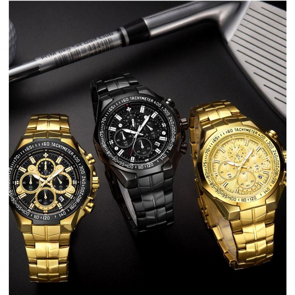 Relógio Esportivo Para Homens De Quartzo Pulseira Em Aço Inoxidavel á Prova água Preto Dourado - 3