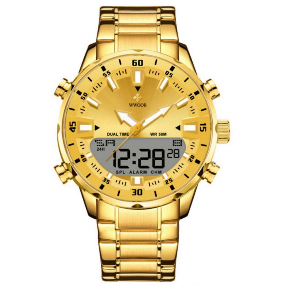 Relógio Masculino De Quartzo Digital Display Duplo Pulseira Em Aço Inoxidavel Impermeável Dourado - 1