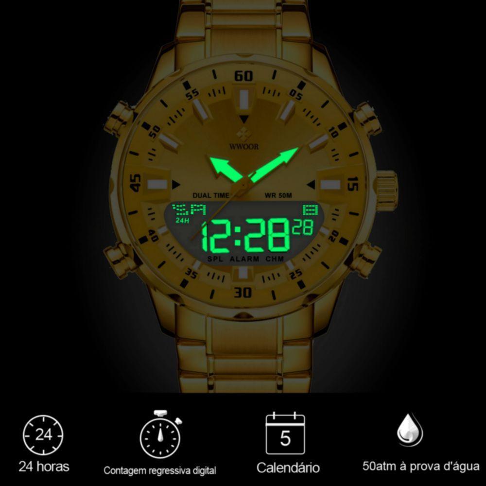 Relógio Masculino De Quartzo Digital Display Duplo Pulseira Em Aço Inoxidavel Impermeável Dourado - 4