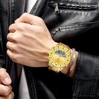 Relógio Masculino De Quartzo Digital Display Duplo Pulseira Em Aço Inoxidavel Impermeável Dourado - 3