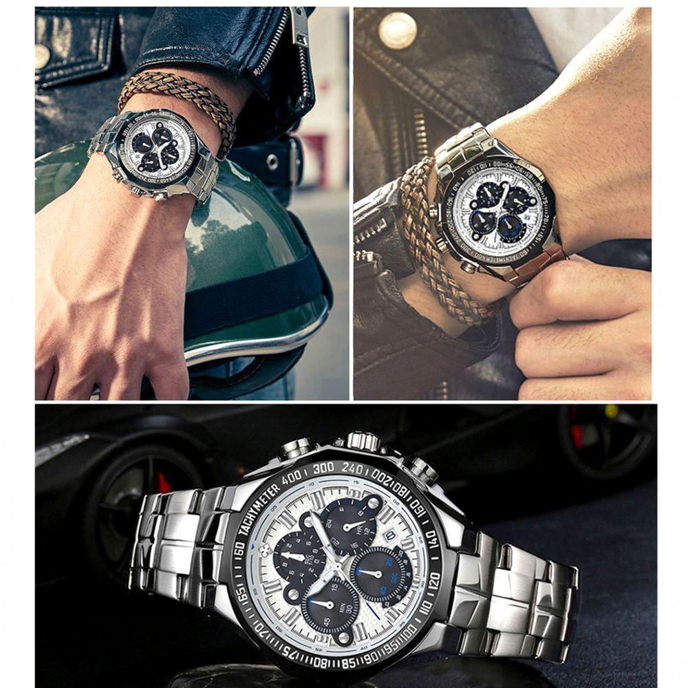 Relógio Esportivo Para Homens De Quartzo Pulseira Em Aço Inoxidavel á Prova água Branco - 3