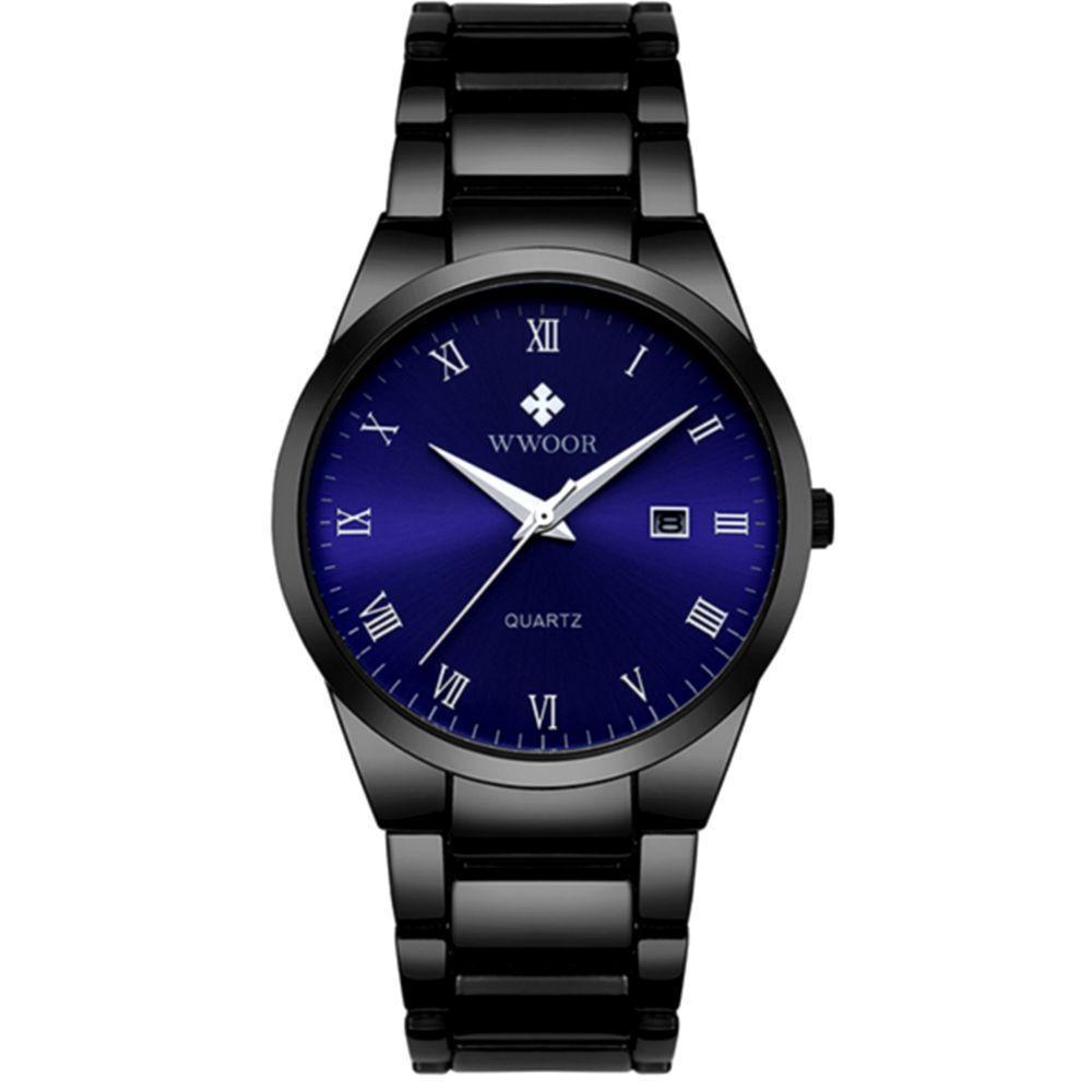 Relógio De Quartzo Masculino Com Data Automática Em Aço Inoxidavel Casual Preto Azul - 1