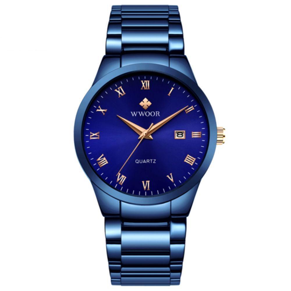 Relógio De Quartzo Masculino Com Data Automática Em Aço Inoxidavel Casual Azul - 1