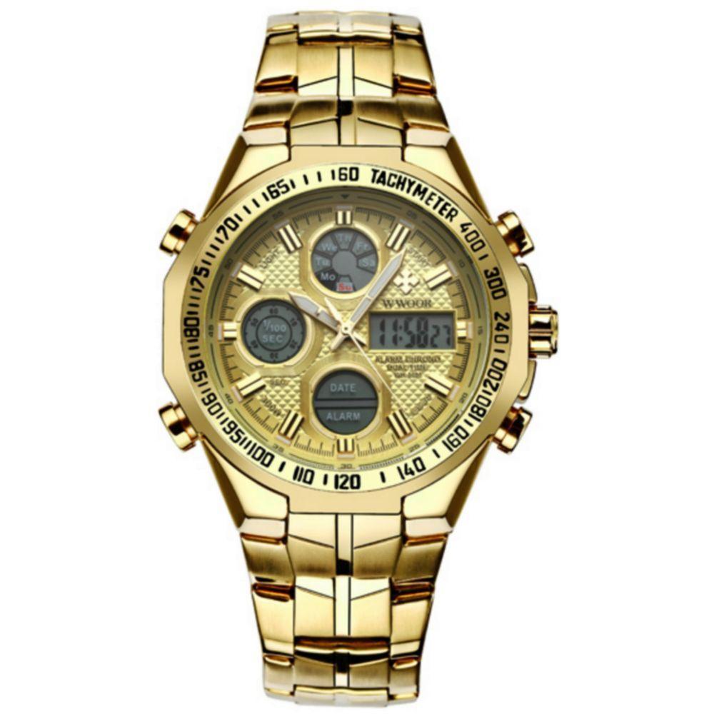 Relógio De Pulso Quartzo Masculino Em Aço Inoxidável Dupla Exibição Esportivo Impermeavel Dourado - 1
