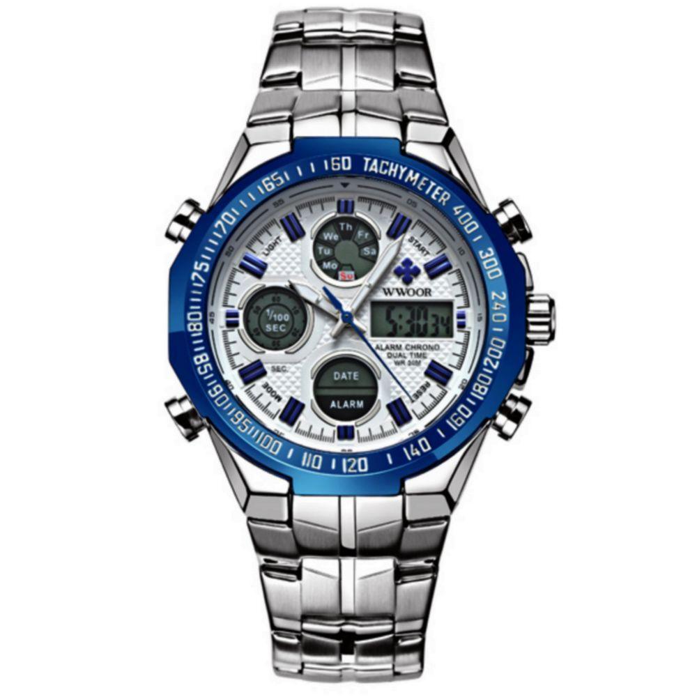 Relógio De Pulso Quartzo Masculino Em Aço Inoxidável Dupla Exibição Esportivo Impermeavel Azul Prata - 1