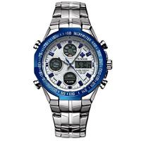Relógio De Pulso Quartzo Masculino Em Aço Inoxidável Dupla Exibição Esportivo Impermeavel Azul Prata - 1