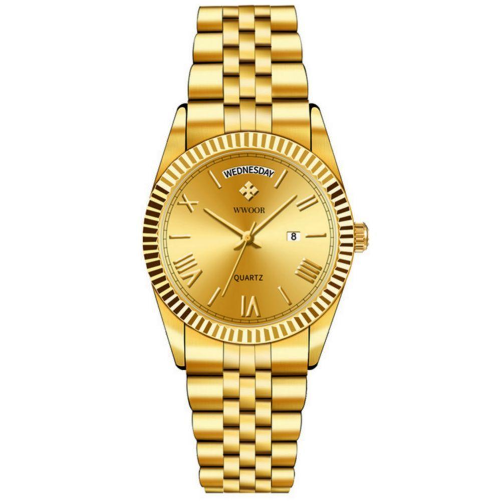 Relógio De Quartzo Masculino Design Casual Em Aço Inoxidavel à Prova D'água 3atm Dourado - 1