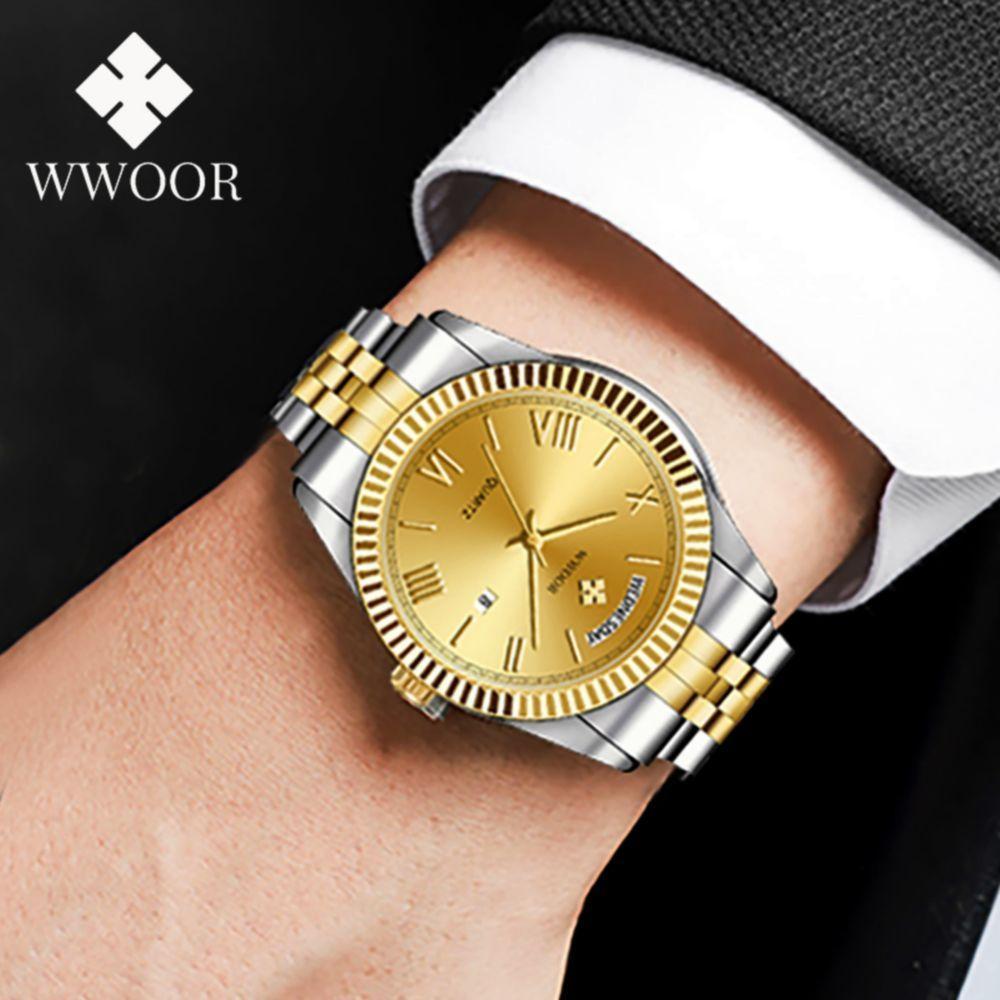 Relógio De Quartzo Masculino Design Casual Em Aço Inoxidavel à Prova D'água 3atm Prata Dourado - 3