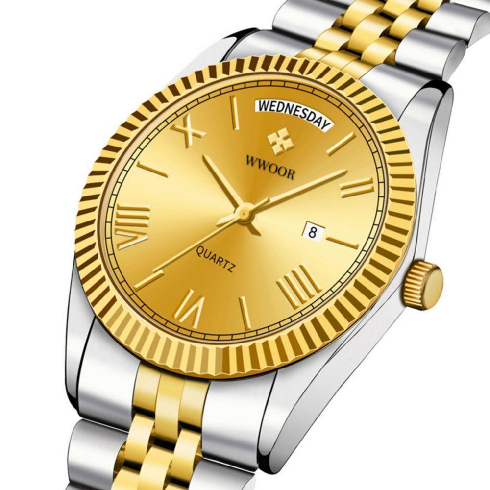 Relógio De Quartzo Masculino Design Casual Em Aço Inoxidavel à Prova D'água 3atm Prata Dourado - 4