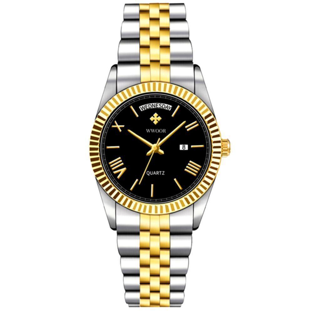 Relógio De Quartzo Masculino Design Casual Em Aço Inoxidavel à Prova D'água 3atm Preto Prata - 1