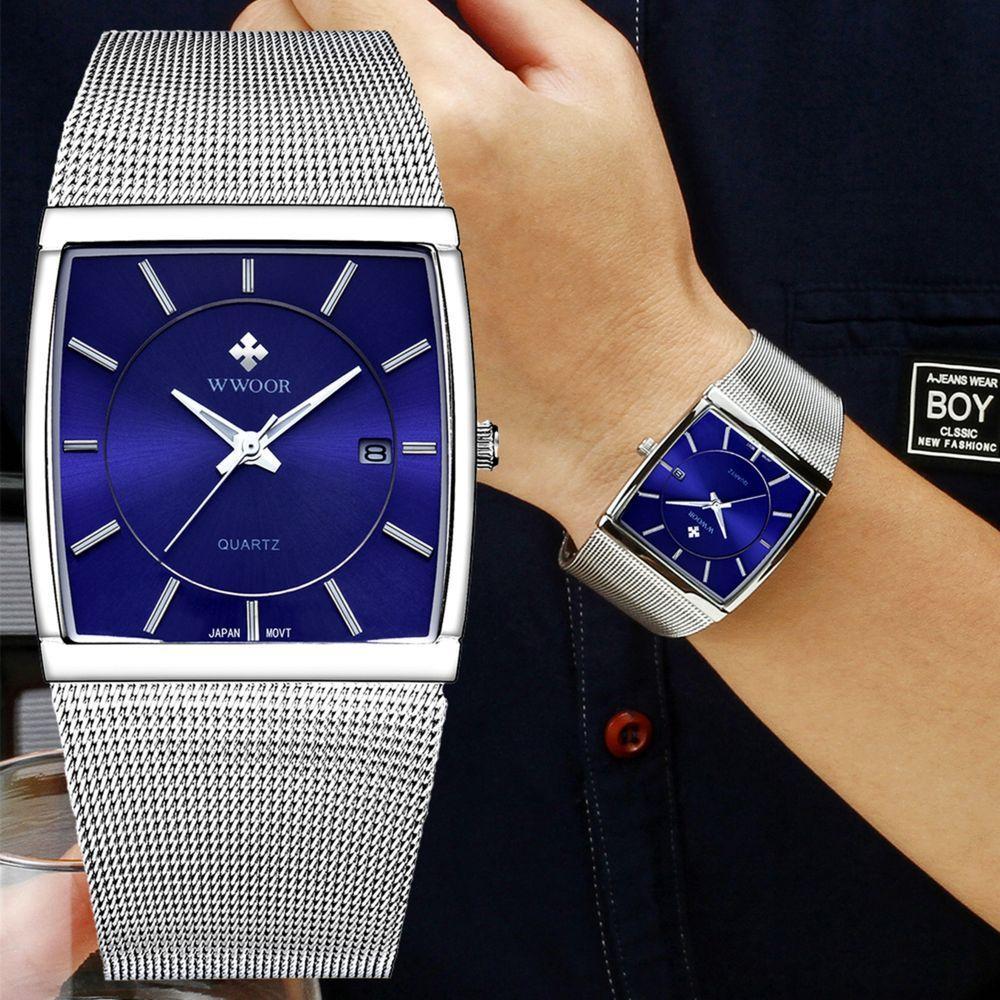 Relógio De Quartzo Masculino Design Quadrado De Malha De Aço Inoxidavel Impermeável Azul Prata - 3