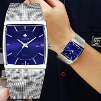 Relógio De Quartzo Masculino Design Quadrado De Malha De Aço Inoxidavel Impermeável Azul Prata - 3