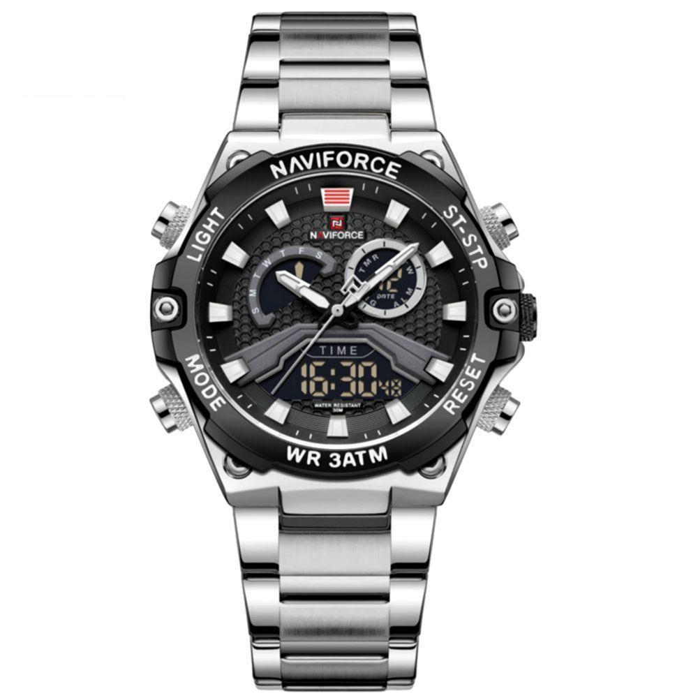 Relógio Esportivo Masculino Em Aço Inoxidável à Prova D'água Com Display Duplo Preto - 1