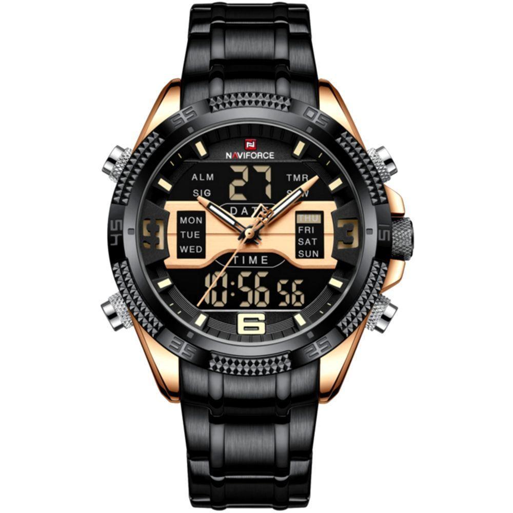 Relógio Masculino Analógico Em Aço Inoxidável Display Led Digital A Prova Dágua Preto Rose - 1